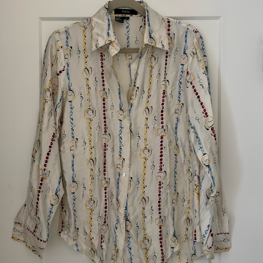 100% silk shirt with timepieces print size 8